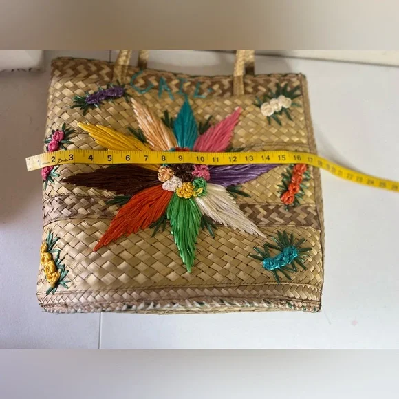 vintage bohemian Straw Multi Color Floral Embroidered GAIL Oversized Tote Bag - Picture 9 of 11